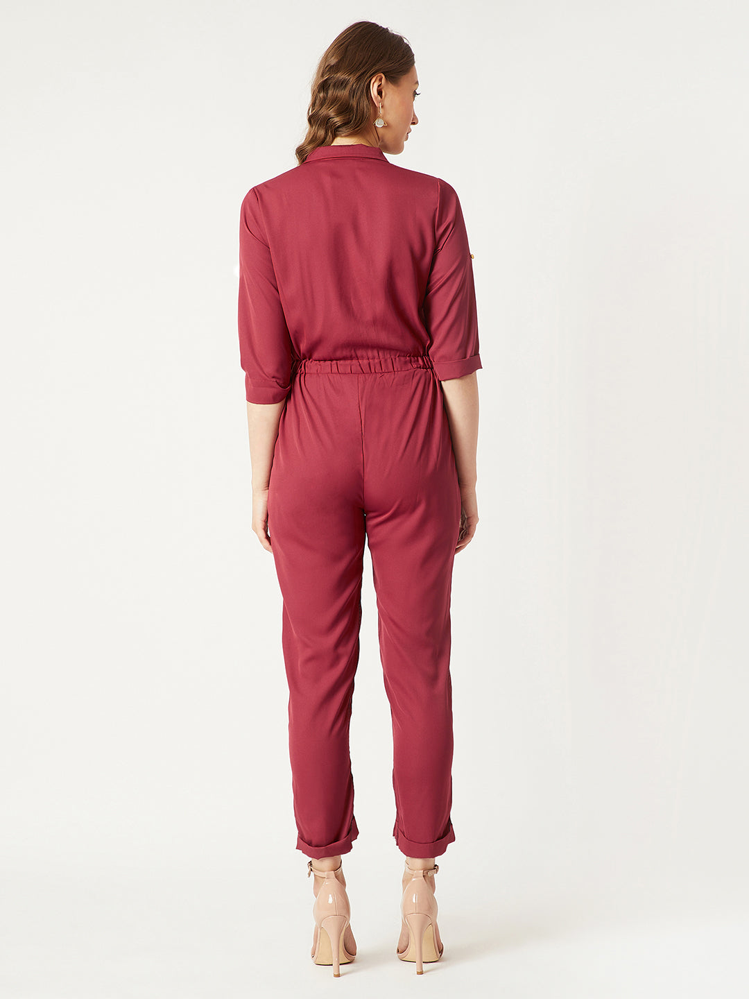 Women's Maroon Collared 3/4 Sleeves Collared Tie-Up Detailing Solid Straight Leg Regular Length Jumpsuit