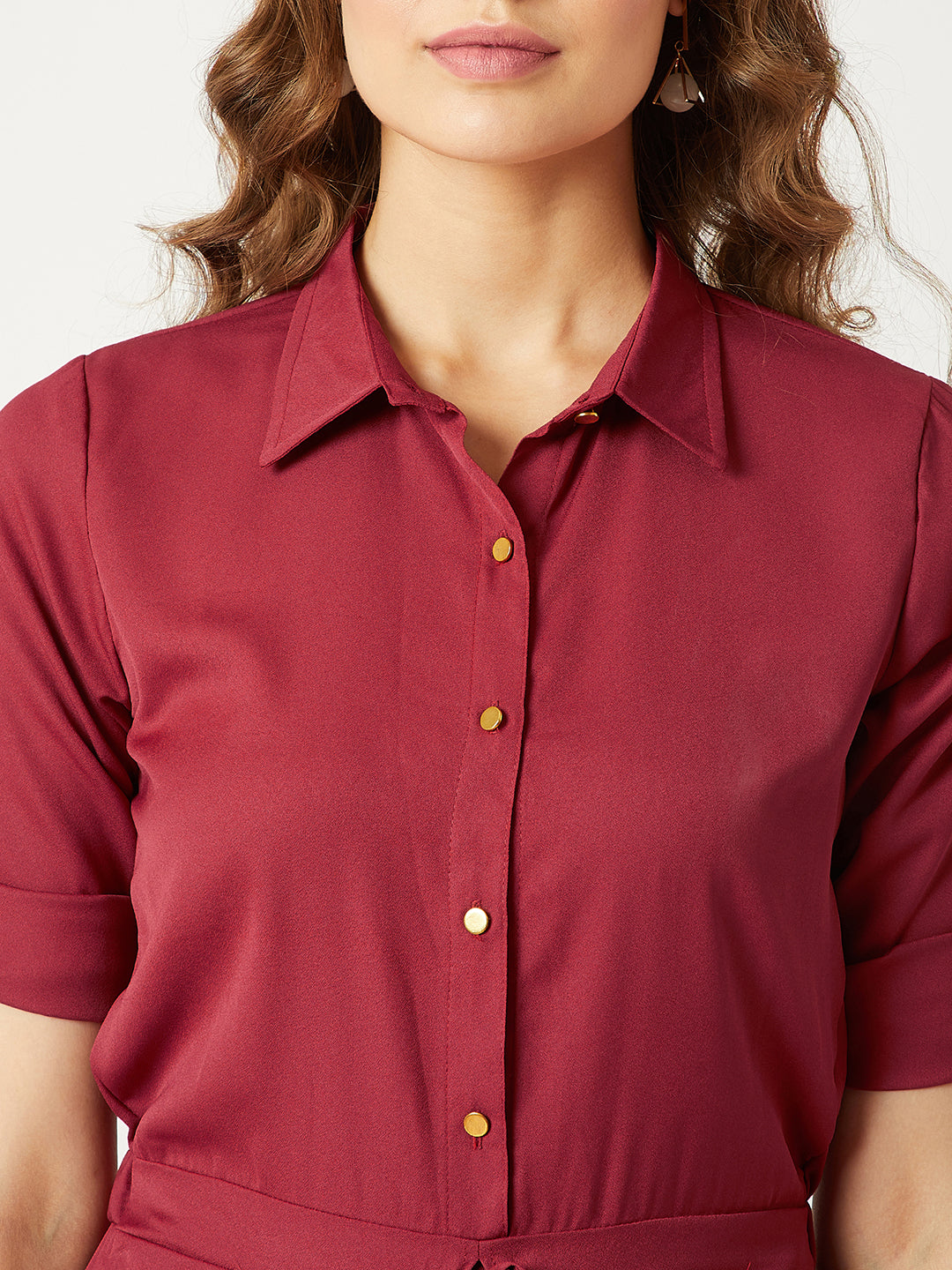 Women's Maroon Collared 3/4 Sleeves Collared Tie-Up Detailing Solid Straight Leg Regular Length Jumpsuit