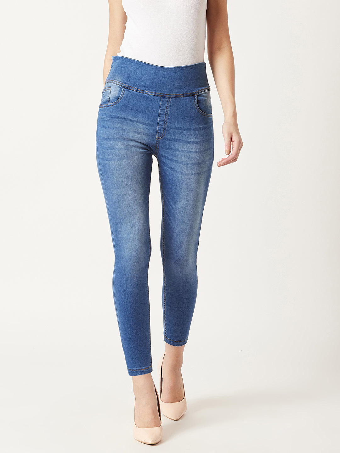 Women's Blue Super Skinny High-Rise Clean-Look Blast Effect Regular Length Stretchable Denim Jeggings