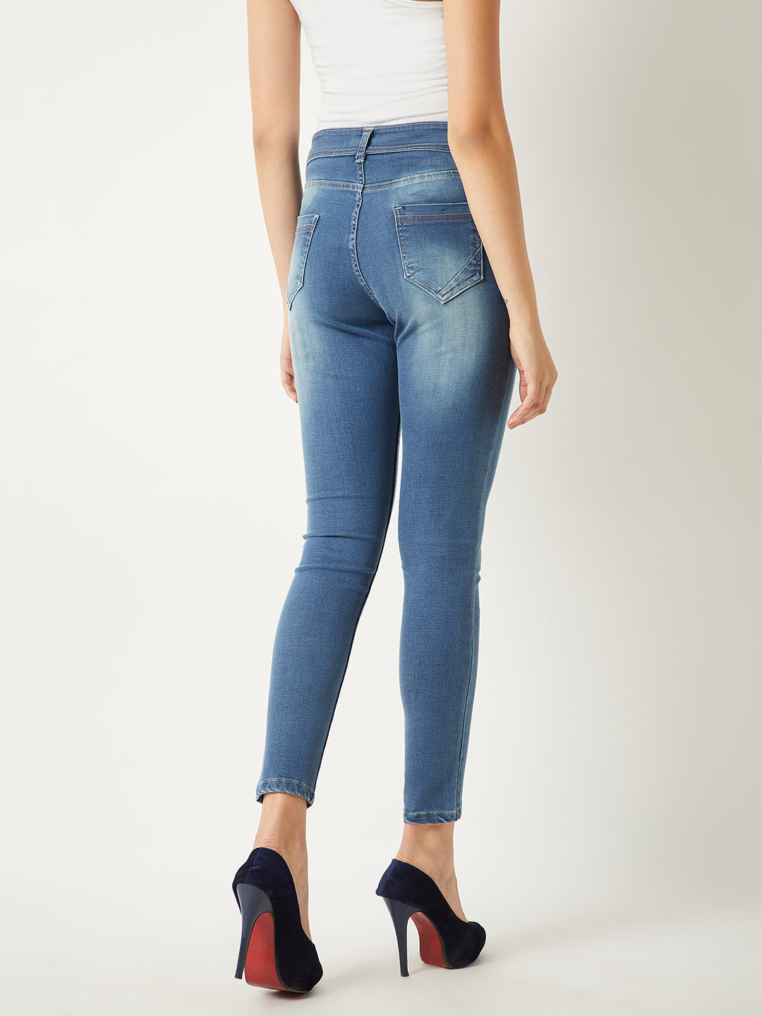 Women's Blue Skinny-Fit High-Rise Twill Tape Detailing Scraped Stretchable Denim Jeans