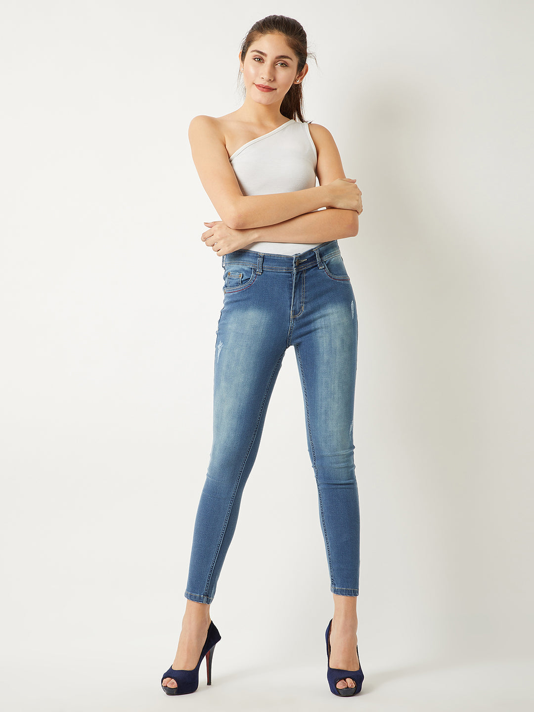 Women's Blue Skinny-Fit High-Rise Twill Tape Detailing Scraped Stretchable Denim Jeans