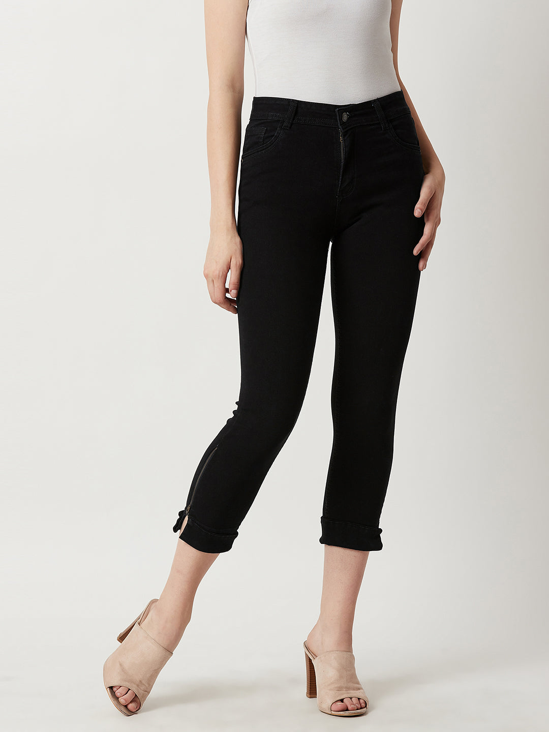 Women's Black Skinny Mid-Rise Clean-Look Cropped Stretchable Denim Jeans