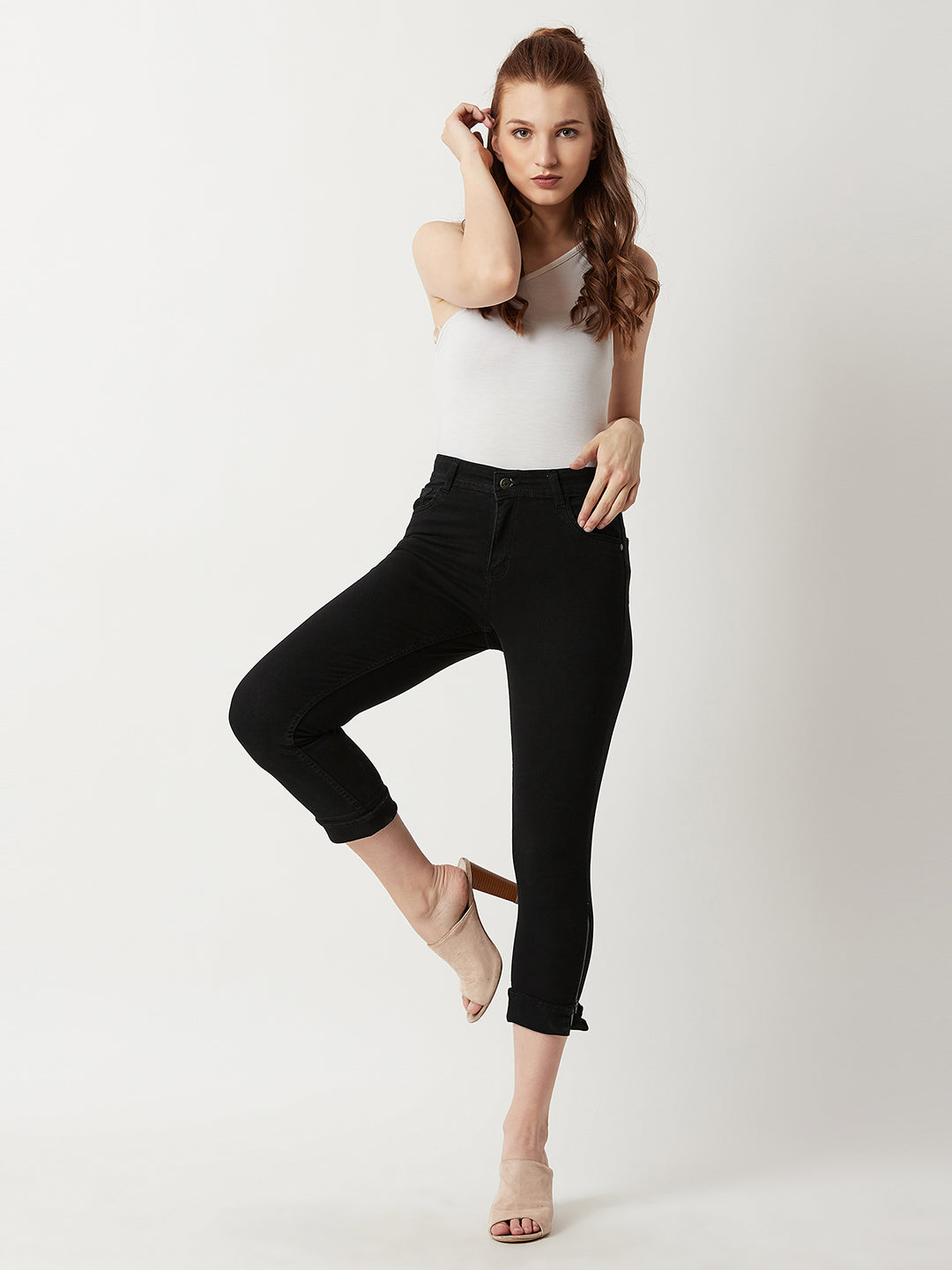 Women's Black Skinny Mid-Rise Clean-Look Cropped Stretchable Denim Jeans