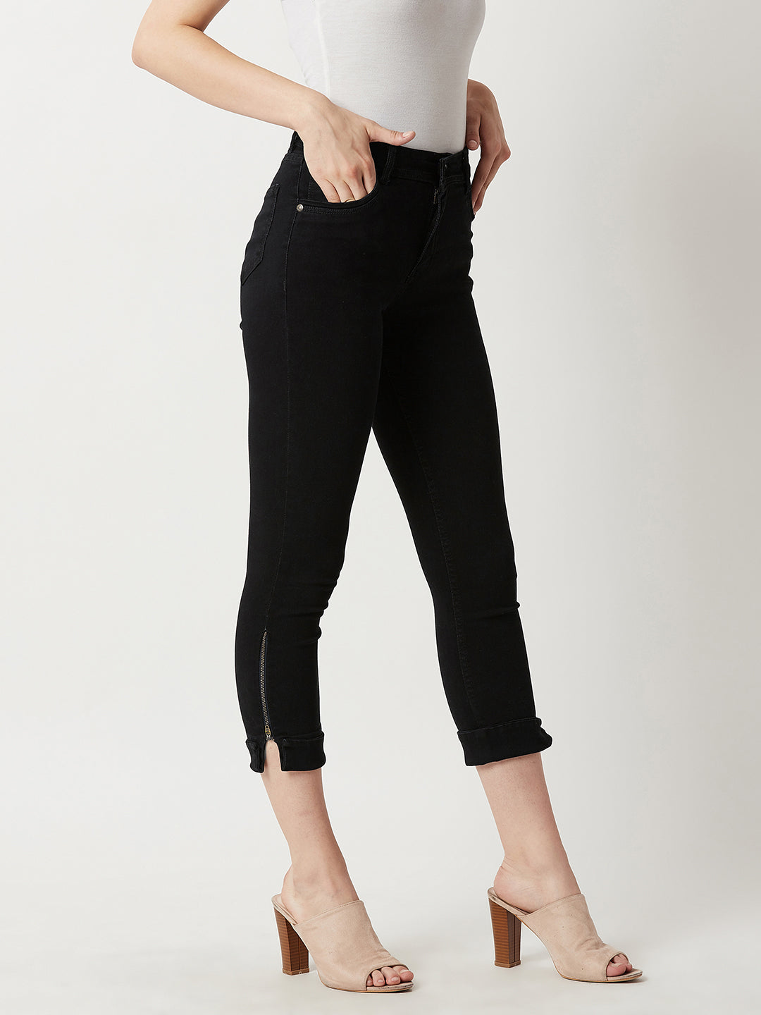 Women's Black Skinny Mid-Rise Clean-Look Cropped Stretchable Denim Jeans