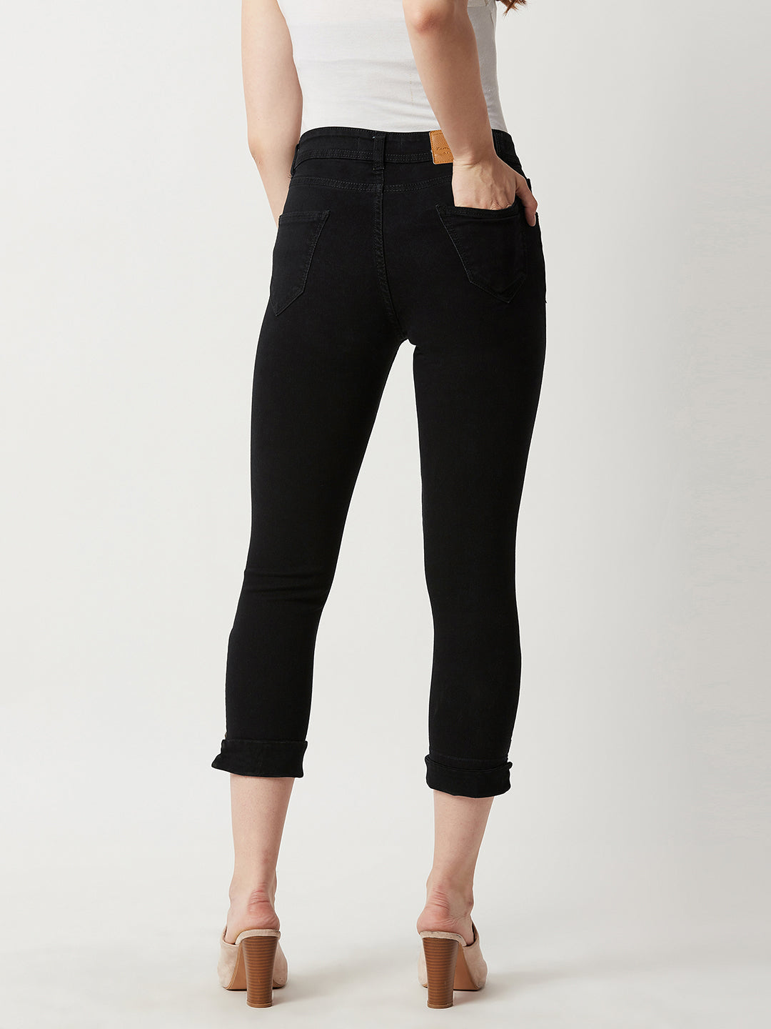 Women's Black Skinny Mid-Rise Clean-Look Cropped Stretchable Denim Jeans