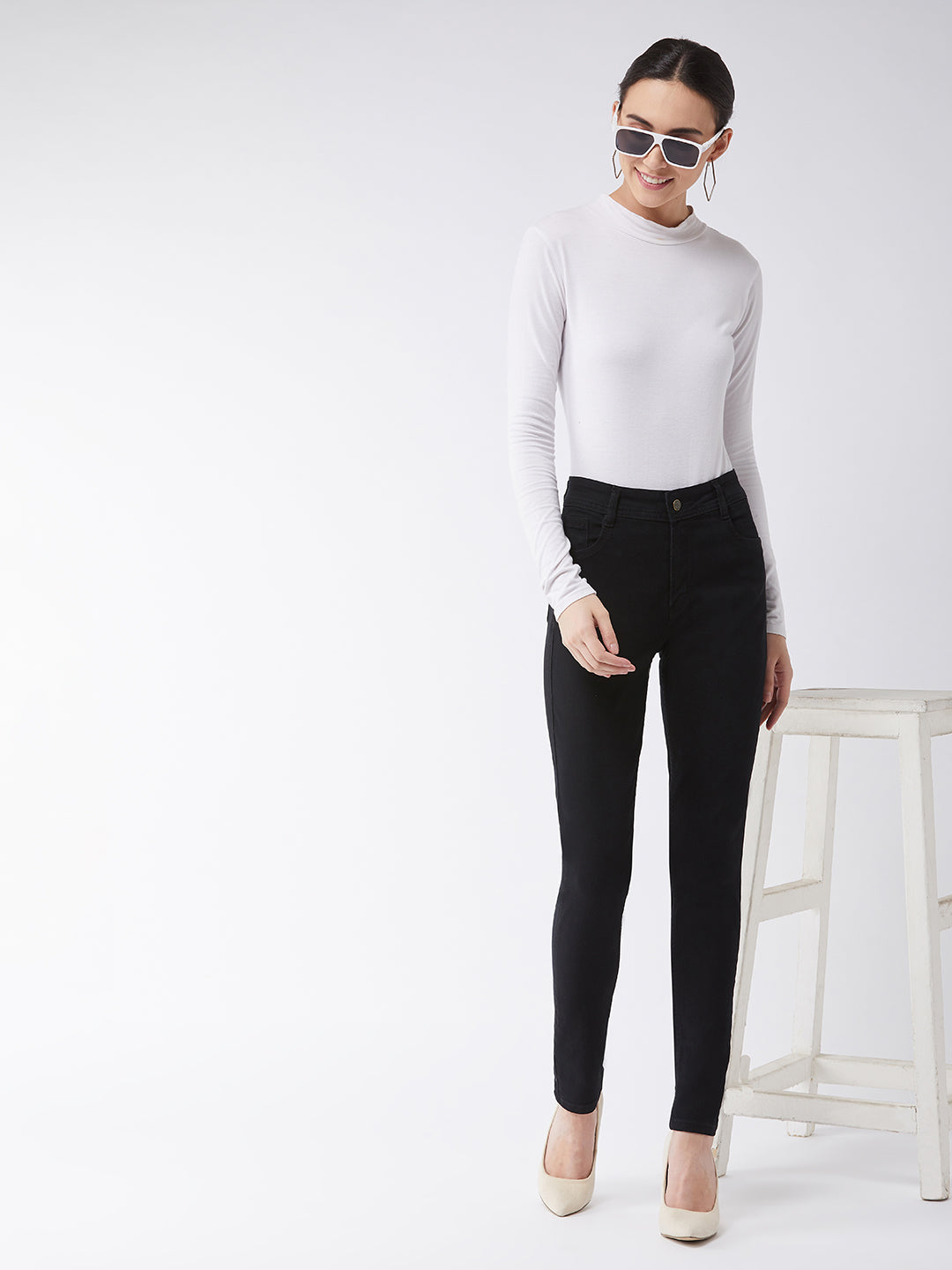 Women's Black Slim-Fit High-Rise Acid Wash Stretchable Denim Jeans