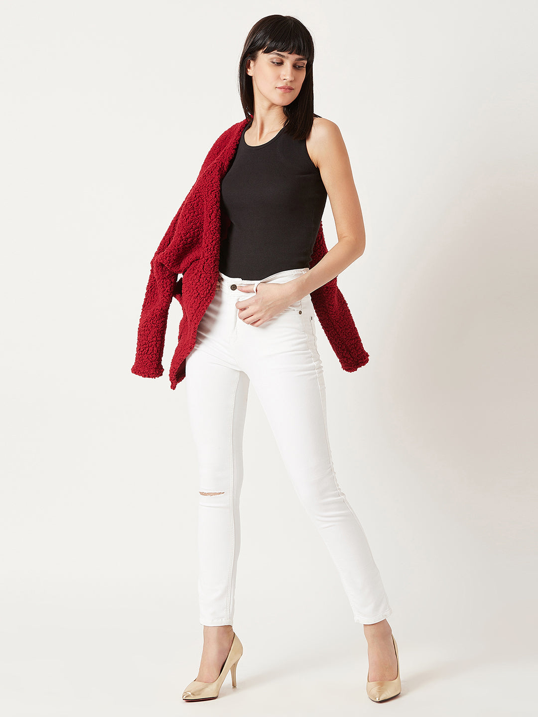 Women's White Skinny High-Rise Knee-Slit Bleached Stretchable Denim Jeans