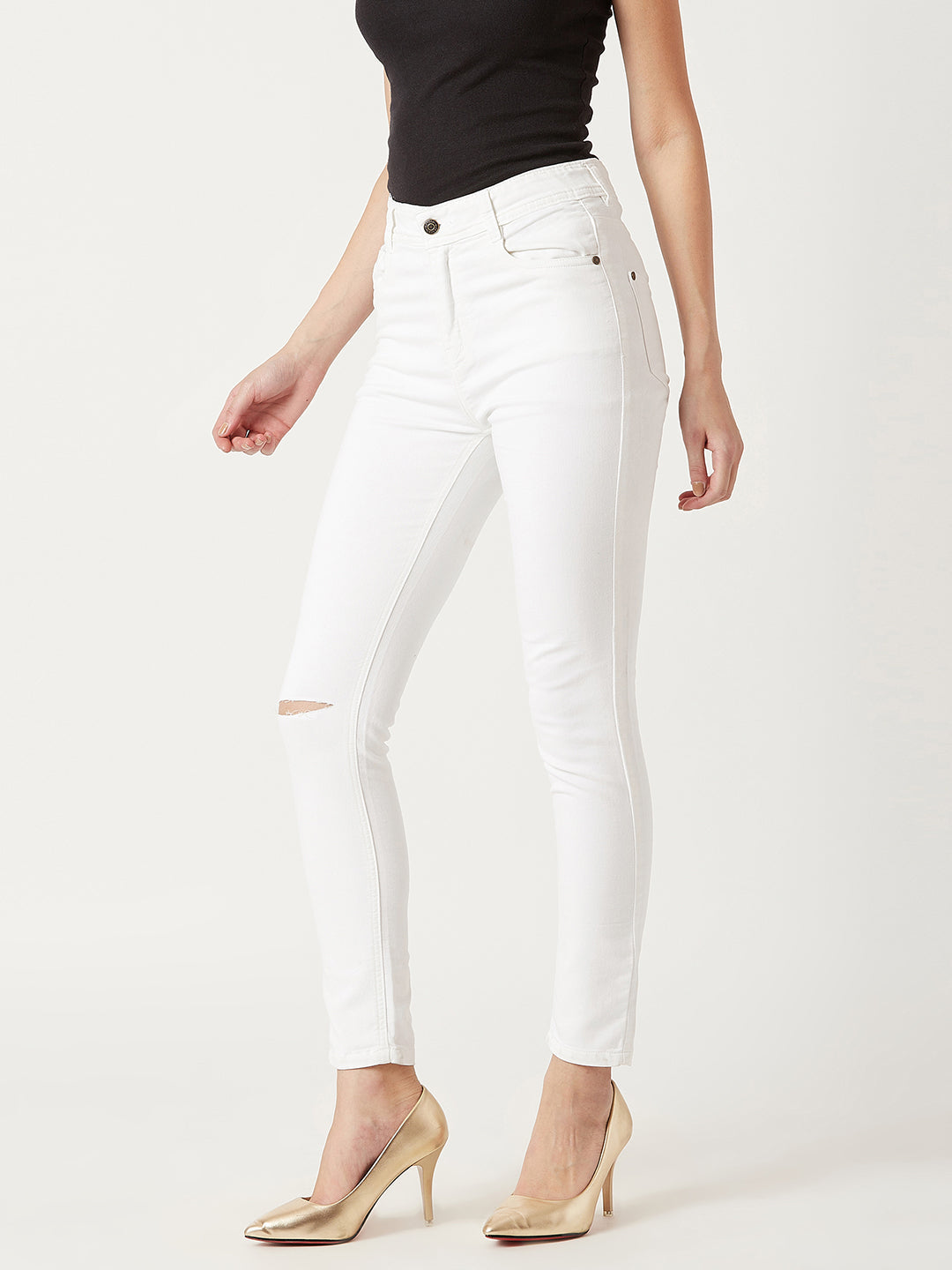 Women's White Skinny High-Rise Knee-Slit Bleached Stretchable Denim Jeans