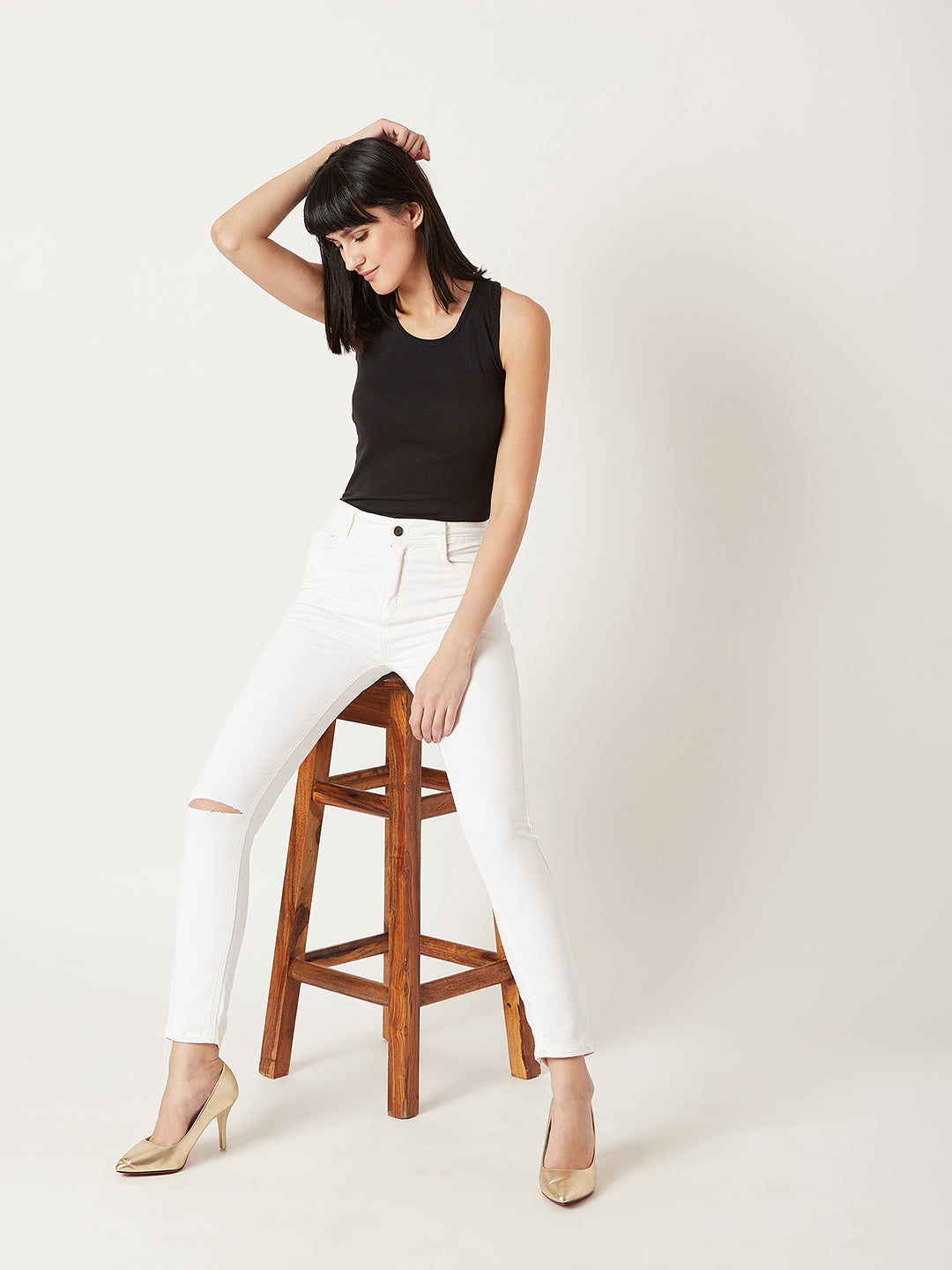 Women's White Skinny High-Rise Knee-Slit Bleached Stretchable Denim Jeans