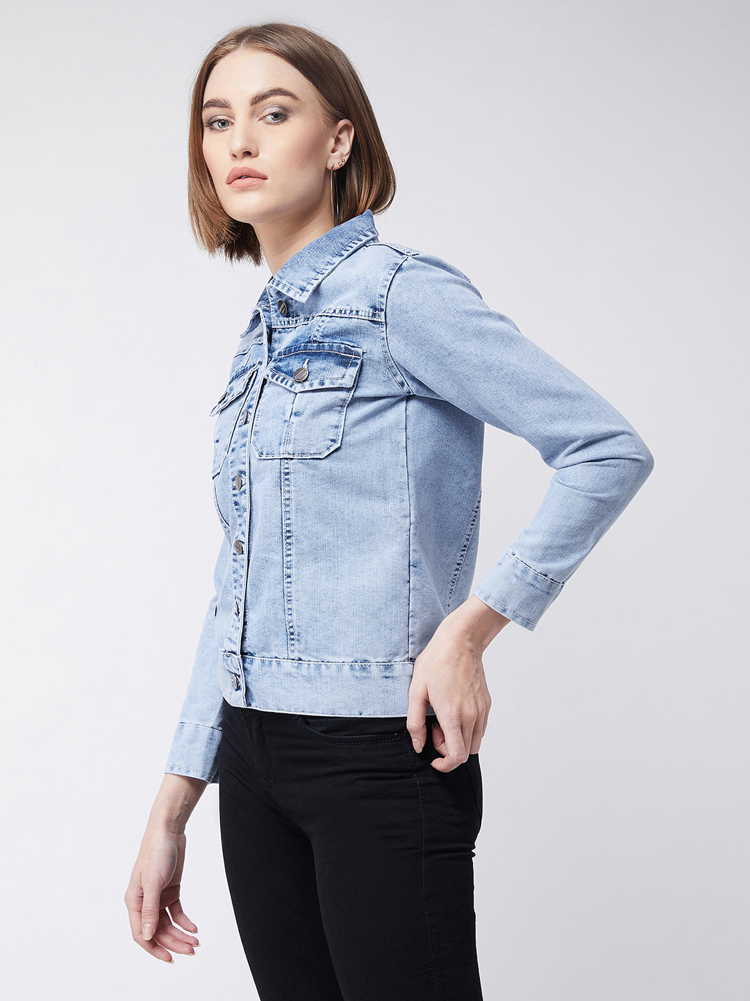 Women's Light Blue Collared Full Sleeves Solid Buttoned Denim Jacket