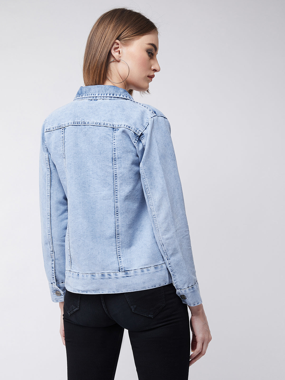Women's Light Blue Collared Full Sleeves Solid Buttoned Denim Jacket