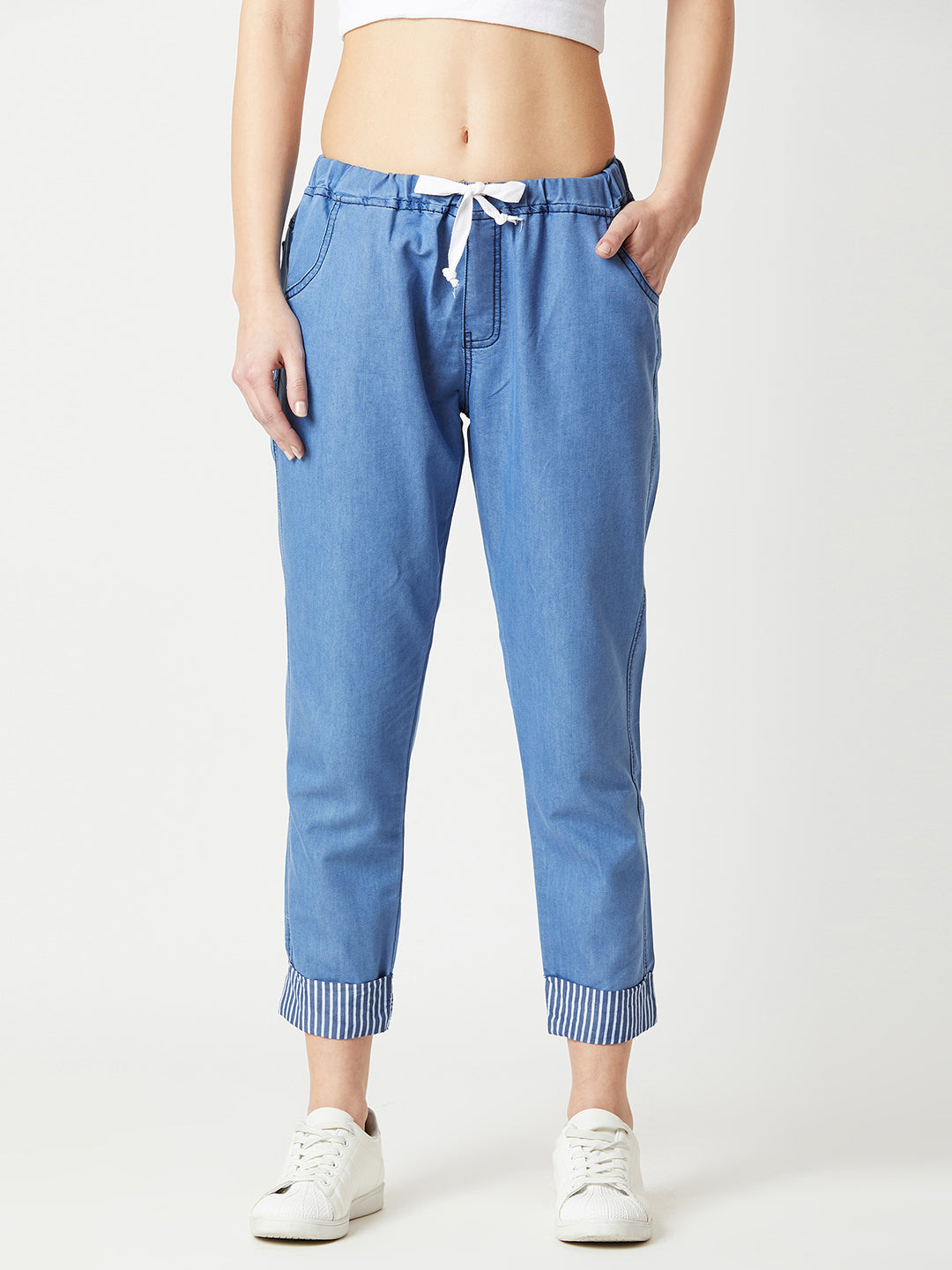 Women's Blue High-Rise Clean-Look Solid Cropped Striped Detailing Denim Joggers