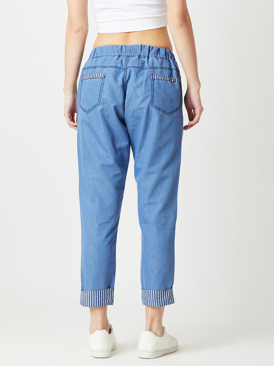 Women's Blue High-Rise Clean-Look Solid Cropped Striped Detailing Denim Joggers