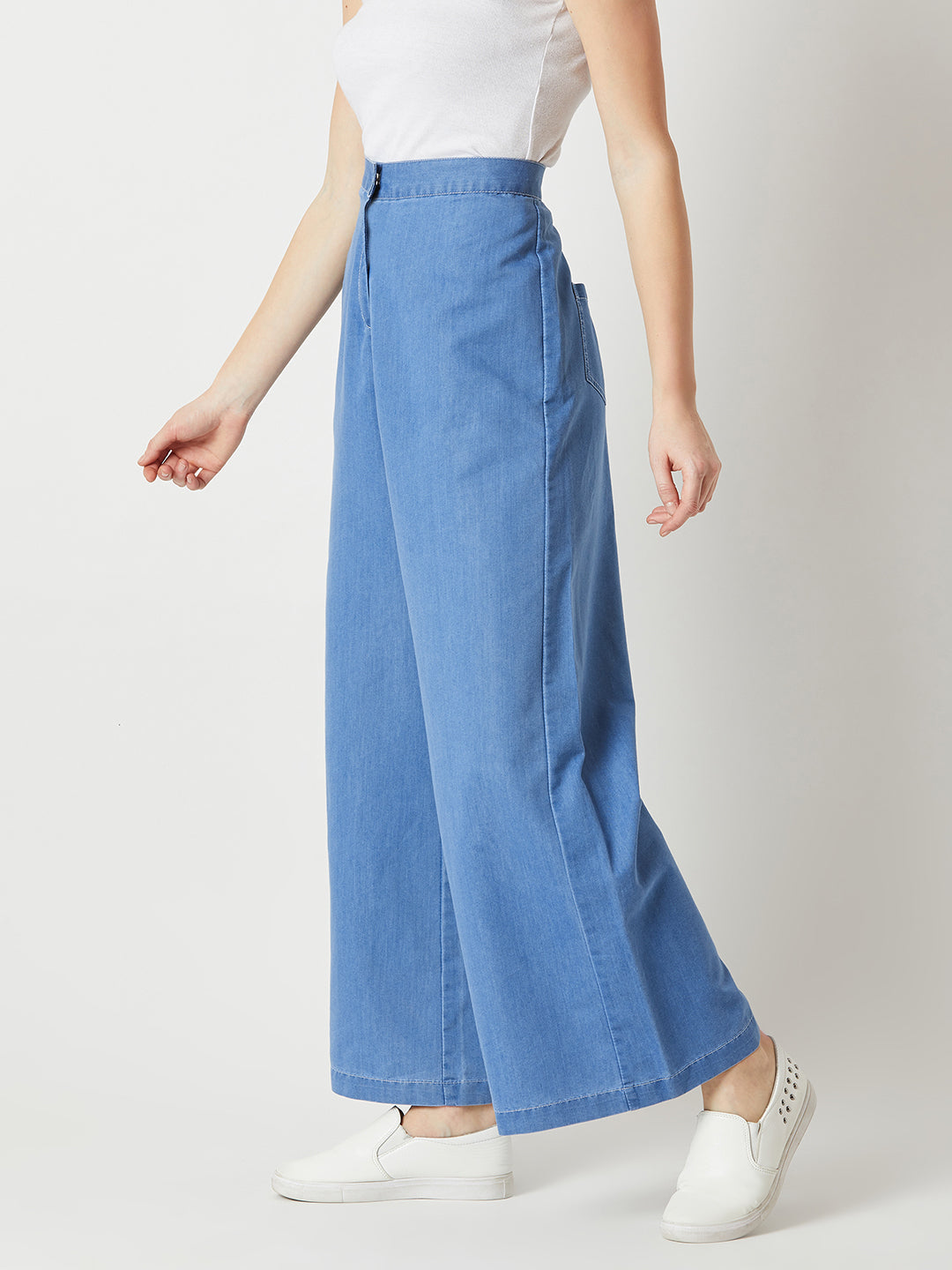 Women's Blue Flared Wide-Leg High-Rise Light Weight Non Stretchable Pants