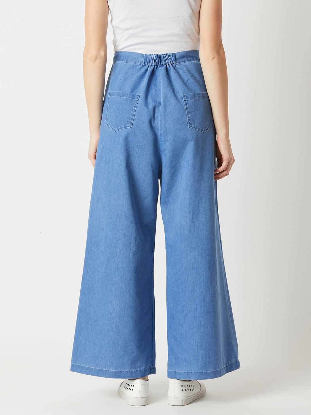 Women's Blue Flared Wide-Leg High-Rise Light Weight Non Stretchable Pants