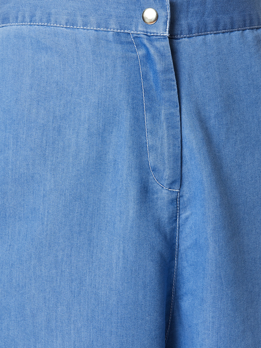 Women's Blue Flared Wide-Leg High-Rise Light Weight Non Stretchable Pants