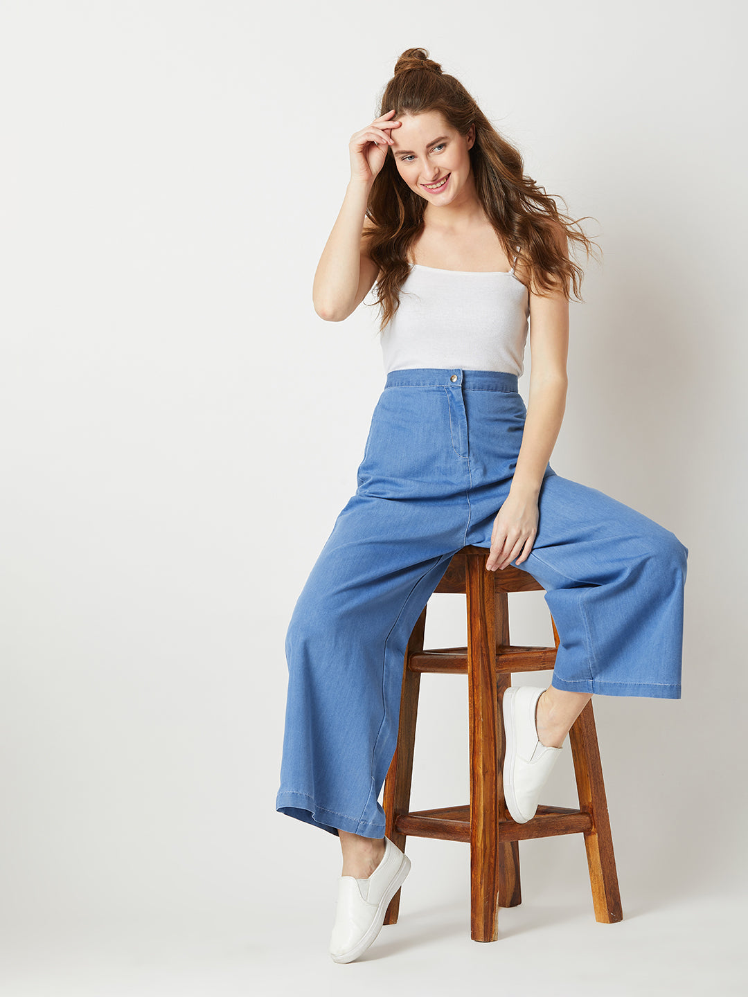 Women's Blue Flared Wide-Leg High-Rise Light Weight Non Stretchable Pants