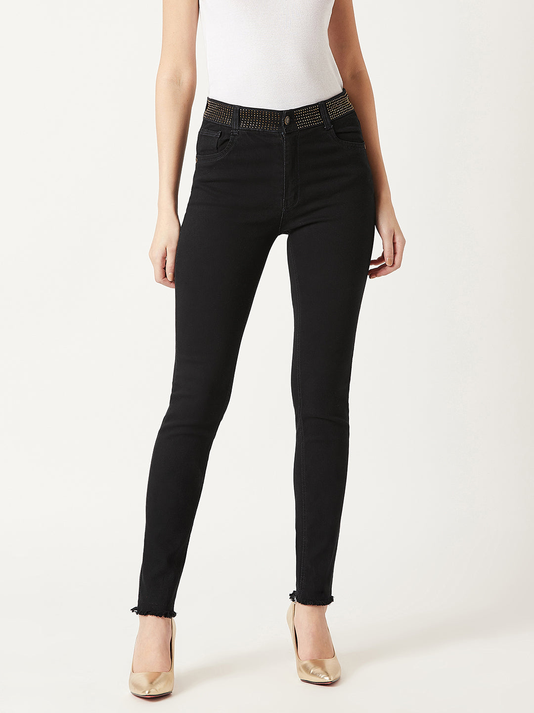 Women's Black Slim-Fit Embellished Raw Edge Detailing Waistband High-Rise Denim Jeans