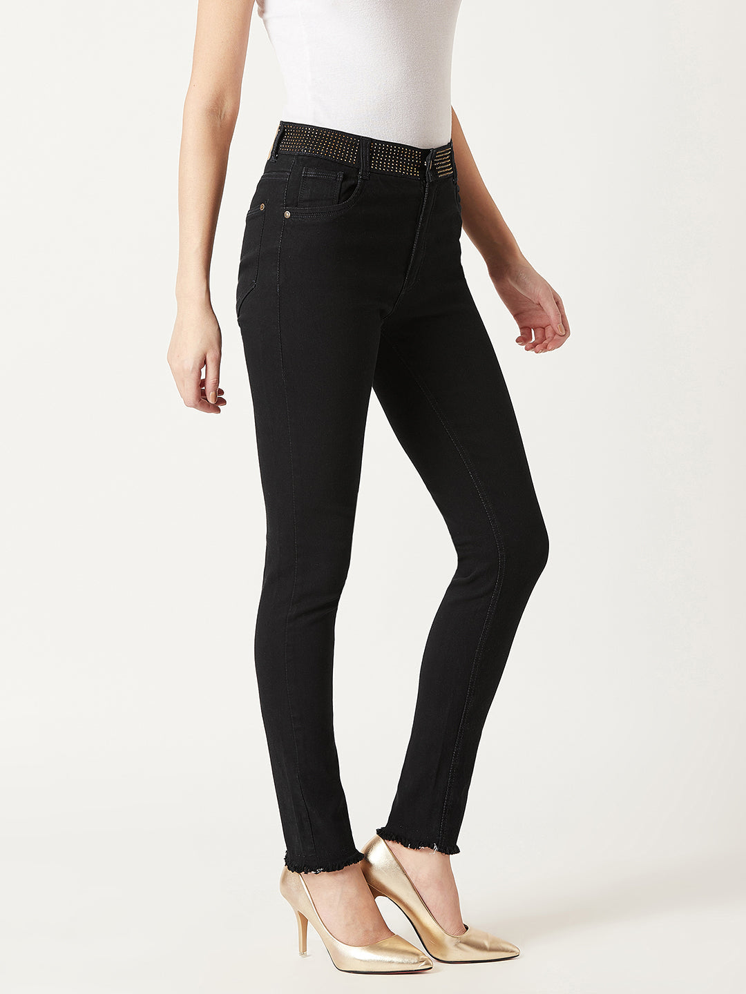 Women's Black Slim-Fit Embellished Raw Edge Detailing Waistband High-Rise Denim Jeans