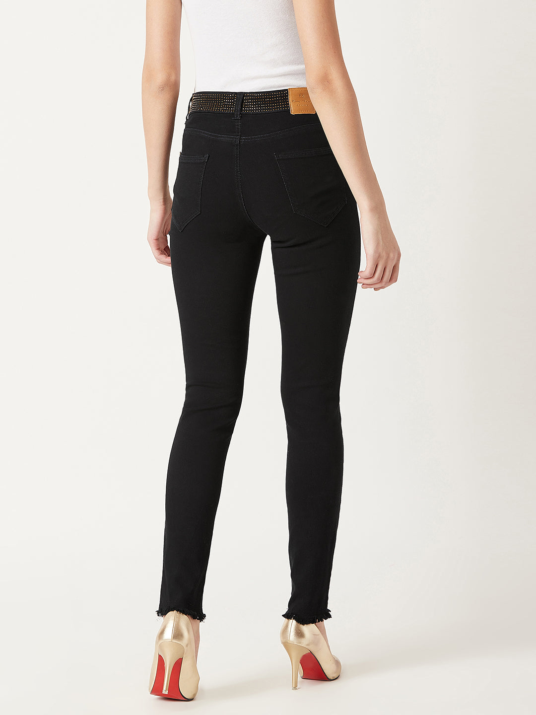 Women's Black Slim-Fit Embellished Raw Edge Detailing Waistband High-Rise Denim Jeans