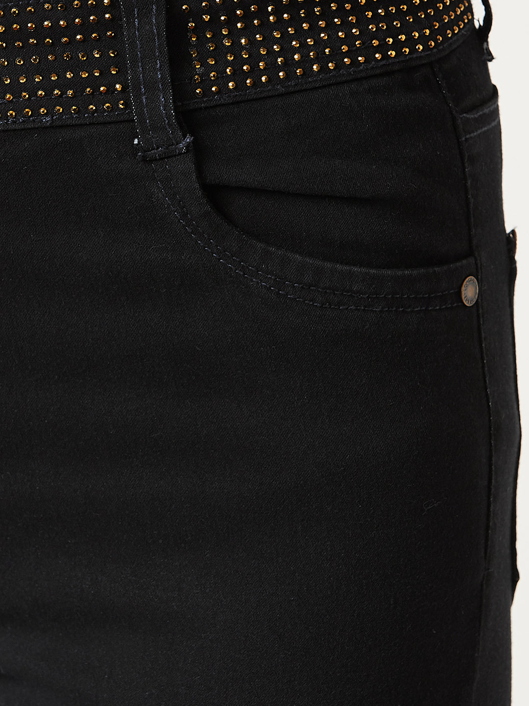 Women's Black Slim-Fit Embellished Raw Edge Detailing Waistband High-Rise Denim Jeans