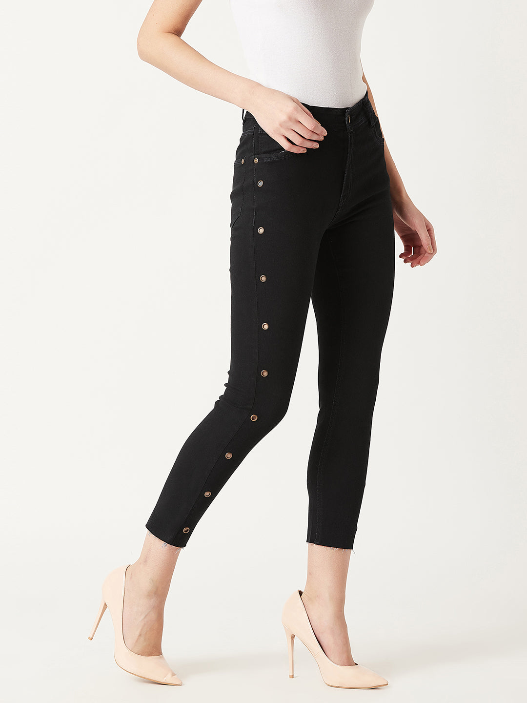 24/7 Comfort Black Slim-Fit Cropped-Length Eyelet Detailing High-Rise Denim Jeans