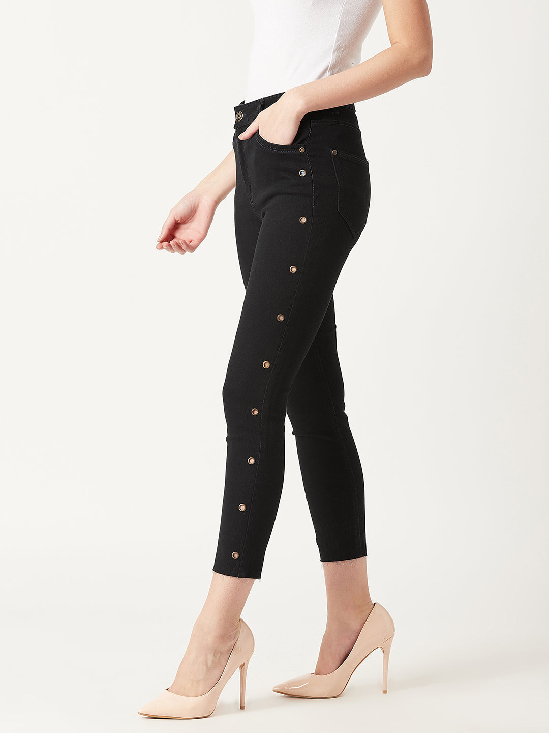 24/7 Comfort Black Slim-Fit Cropped-Length Eyelet Detailing High-Rise Denim Jeans