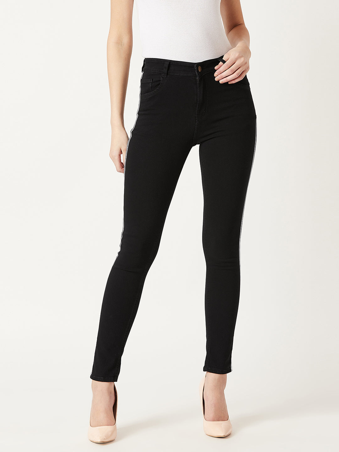Black Slim-Fit Mid-Rise Twill Tape Detailing Clean-Look Acid Wash Crop Length Stretchable Denim Jeans for Women