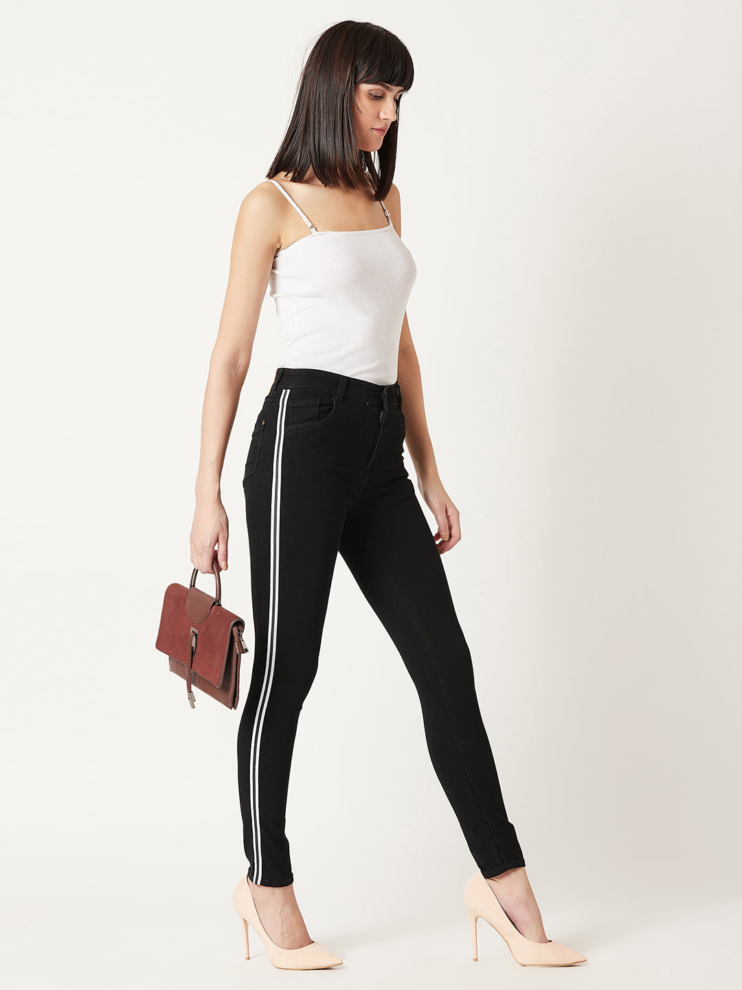 Women's Black Slim-Fit Mid-Rise Twill Tape Detailing Clean-Look Acid Wash Crop Length Stretchable Denim Jeans