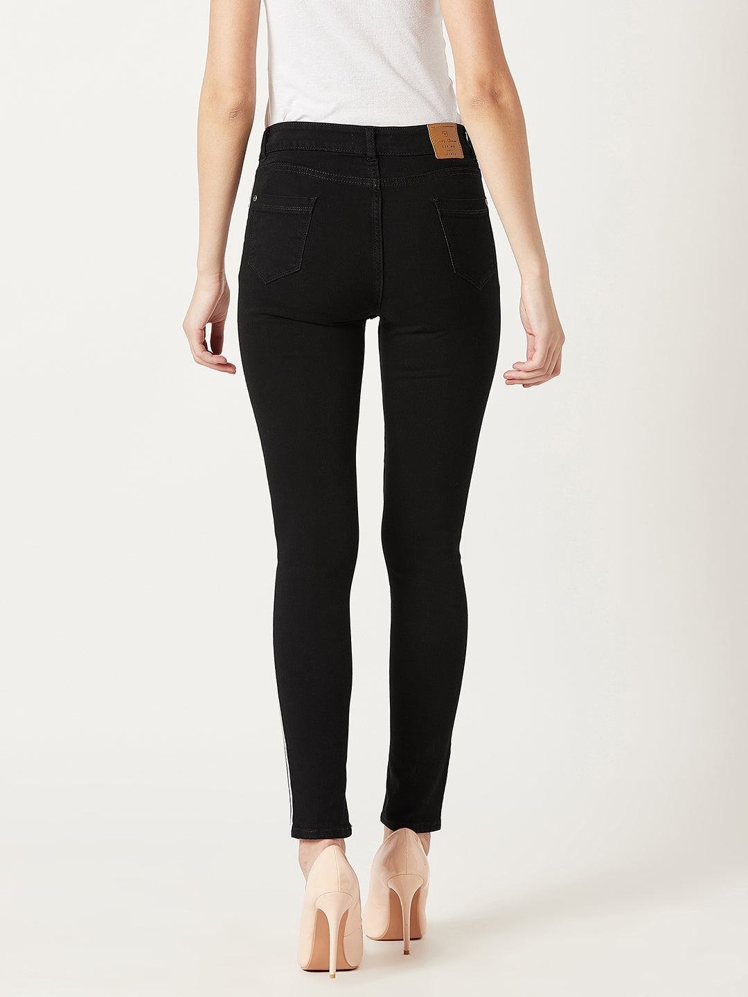 Women's Black Slim-Fit Mid-Rise Twill Tape Detailing Clean-Look Acid Wash Crop Length Stretchable Denim Jeans