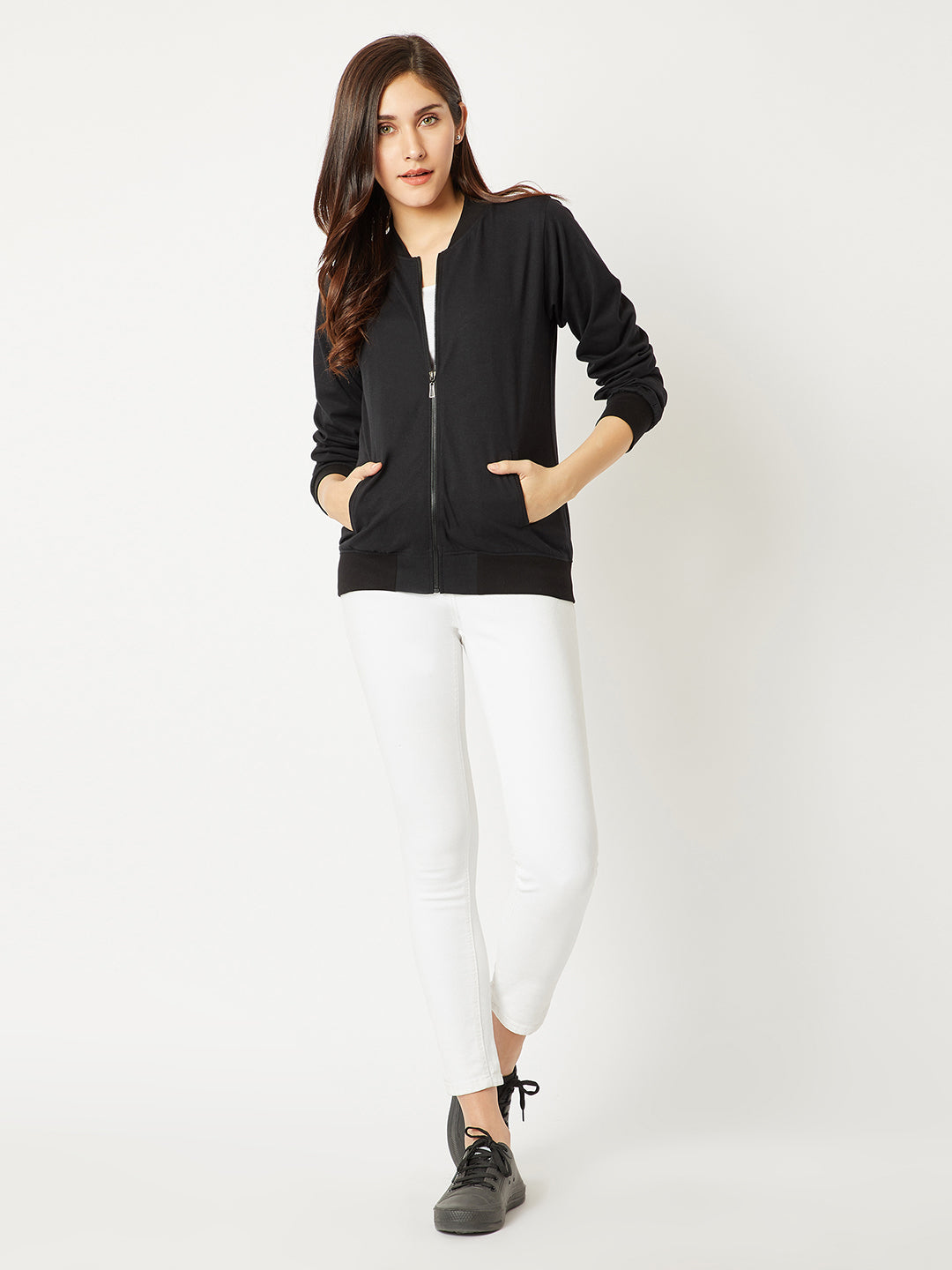 Women's Black Round Neck Full Sleeve Cotton Solid Bomber Jacket