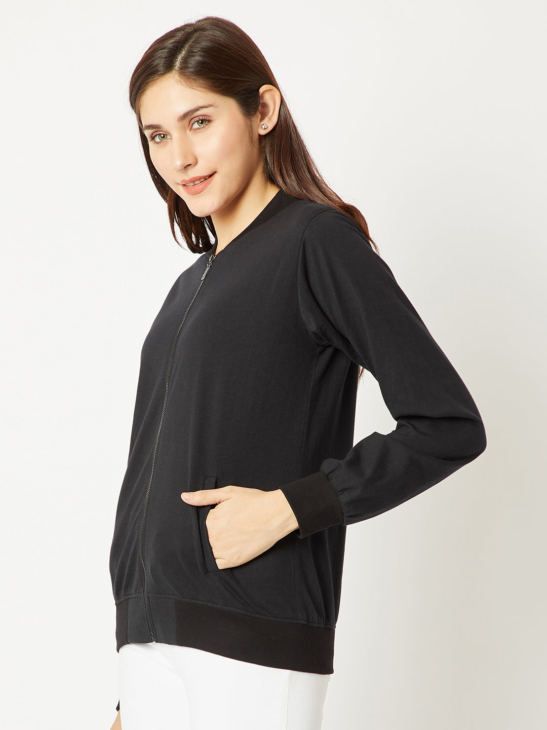 Women's Black Round Neck Full Sleeve Cotton Solid Bomber Jacket