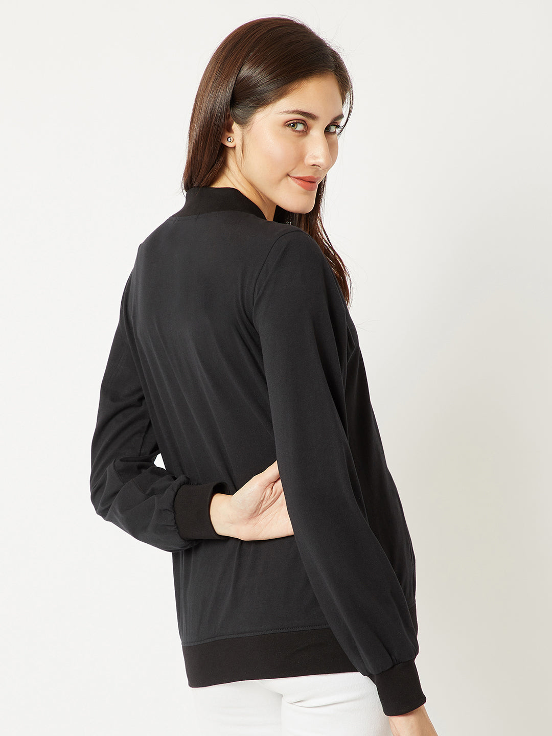 Women's Black Round Neck Full Sleeve Cotton Solid Bomber Jacket