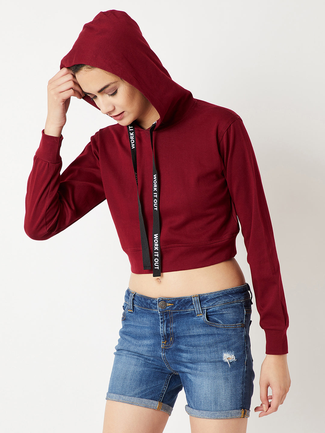 Women's Maroon Solid Round Neck Full Sleeve Hooded Boxy Graphic Twill Tape Detailing Crop Sweatshirt
