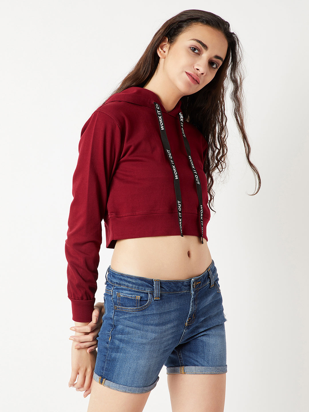 Women's Maroon Solid Round Neck Full Sleeve Hooded Boxy Graphic Twill Tape Detailing Crop Sweatshirt