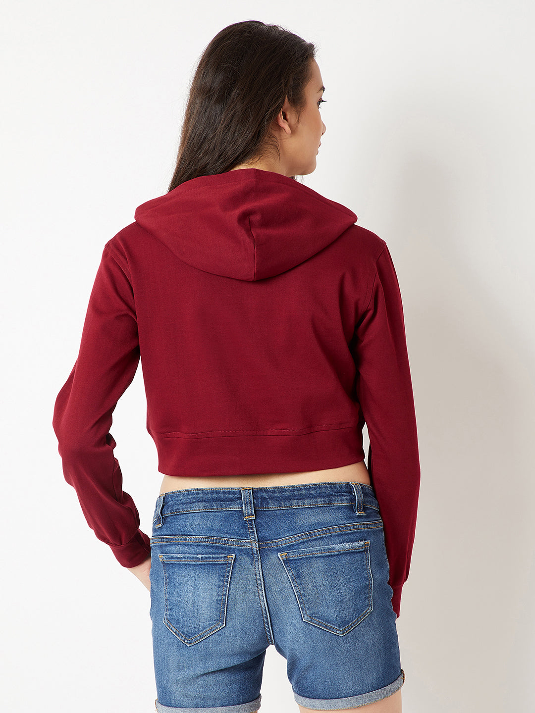 Women's Maroon Solid Round Neck Full Sleeve Hooded Boxy Graphic Twill Tape Detailing Crop Sweatshirt