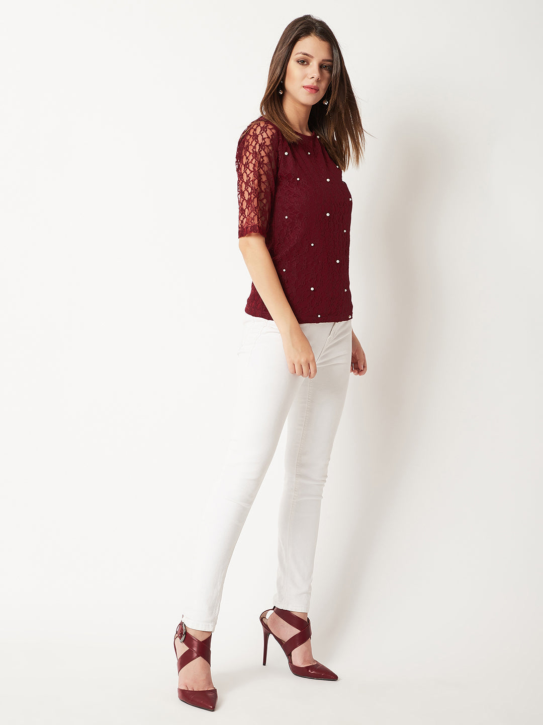 Women's Maroon Round Neck Half Sleeves Cotton Solid Lace And Pearl Detailing Top