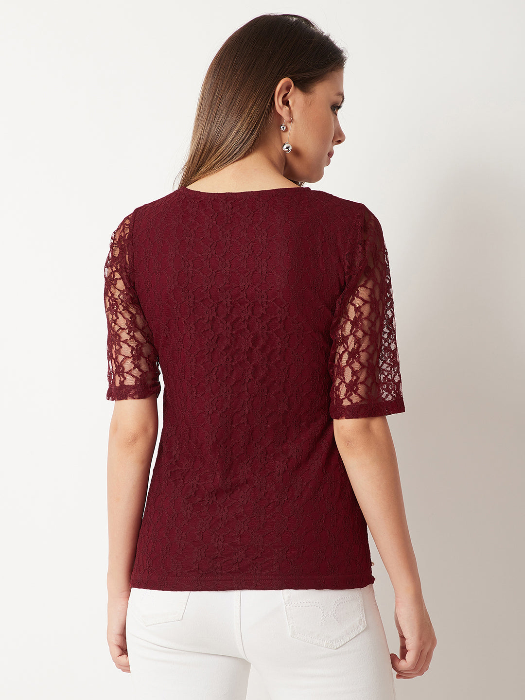 Women's Maroon Round Neck Half Sleeves Cotton Solid Lace And Pearl Detailing Top
