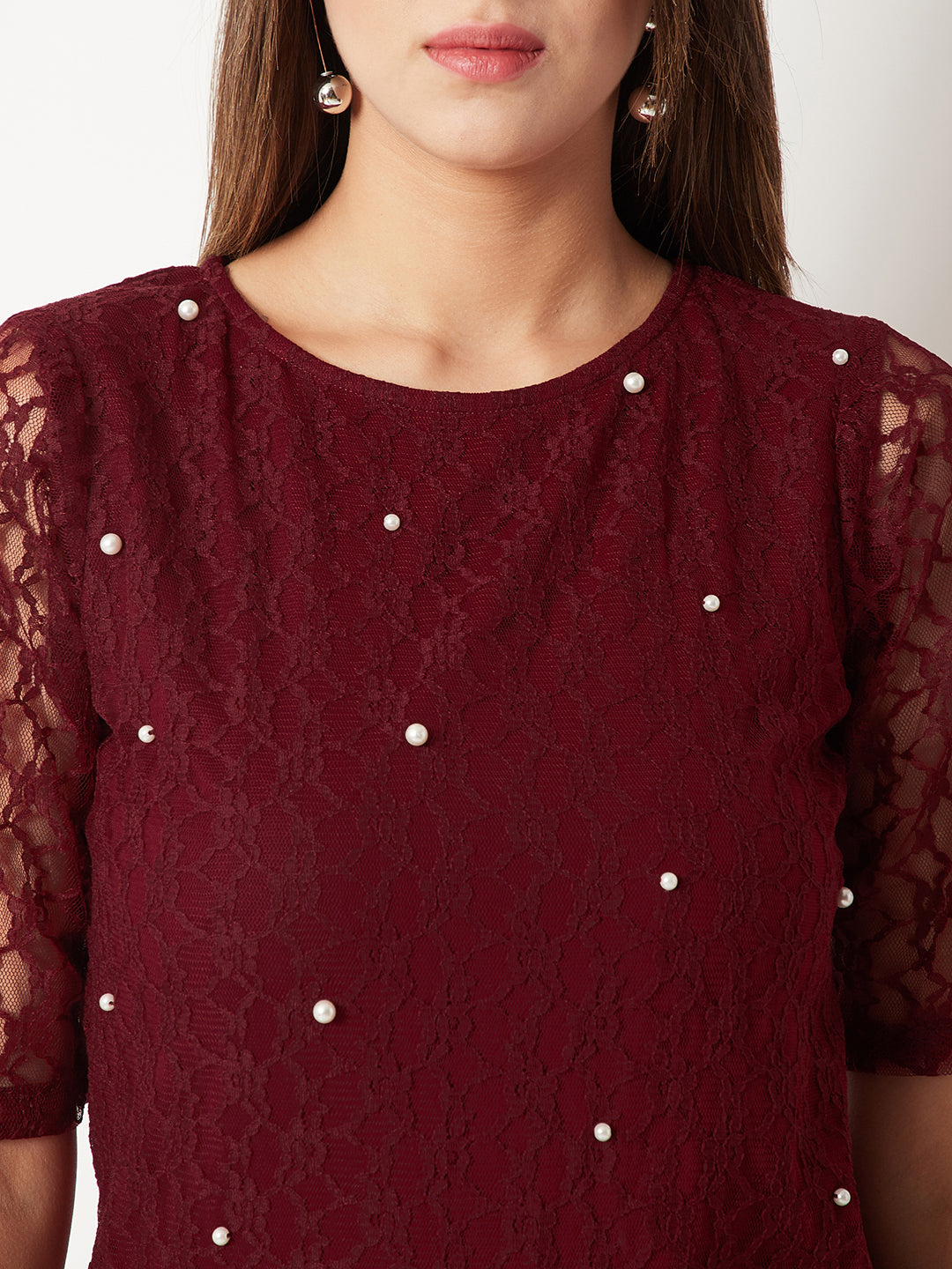 Women's Maroon Round Neck Half Sleeves Cotton Solid Lace And Pearl Detailing Top