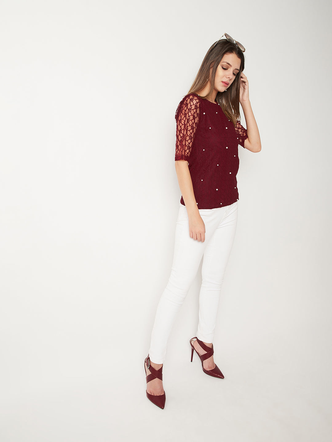 Women's Maroon Round Neck Half Sleeves Cotton Solid Lace And Pearl Detailing Top