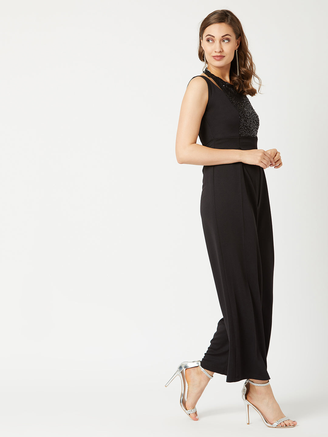 Women's Black Halter Neck Sleeveless Solid Pleated/Wide-Leg Sequin Paneled Regular Length Jumpsuit