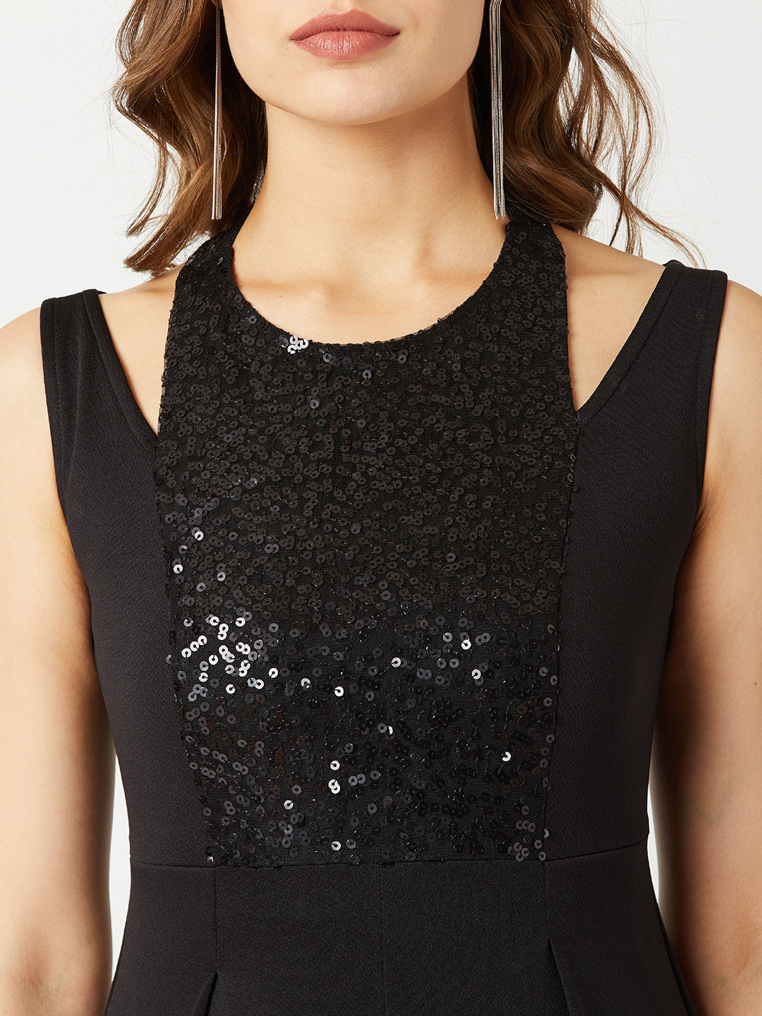 Women's Black Halter Neck Sleeveless Solid Pleated/Wide-Leg Sequin Paneled Regular Length Jumpsuit