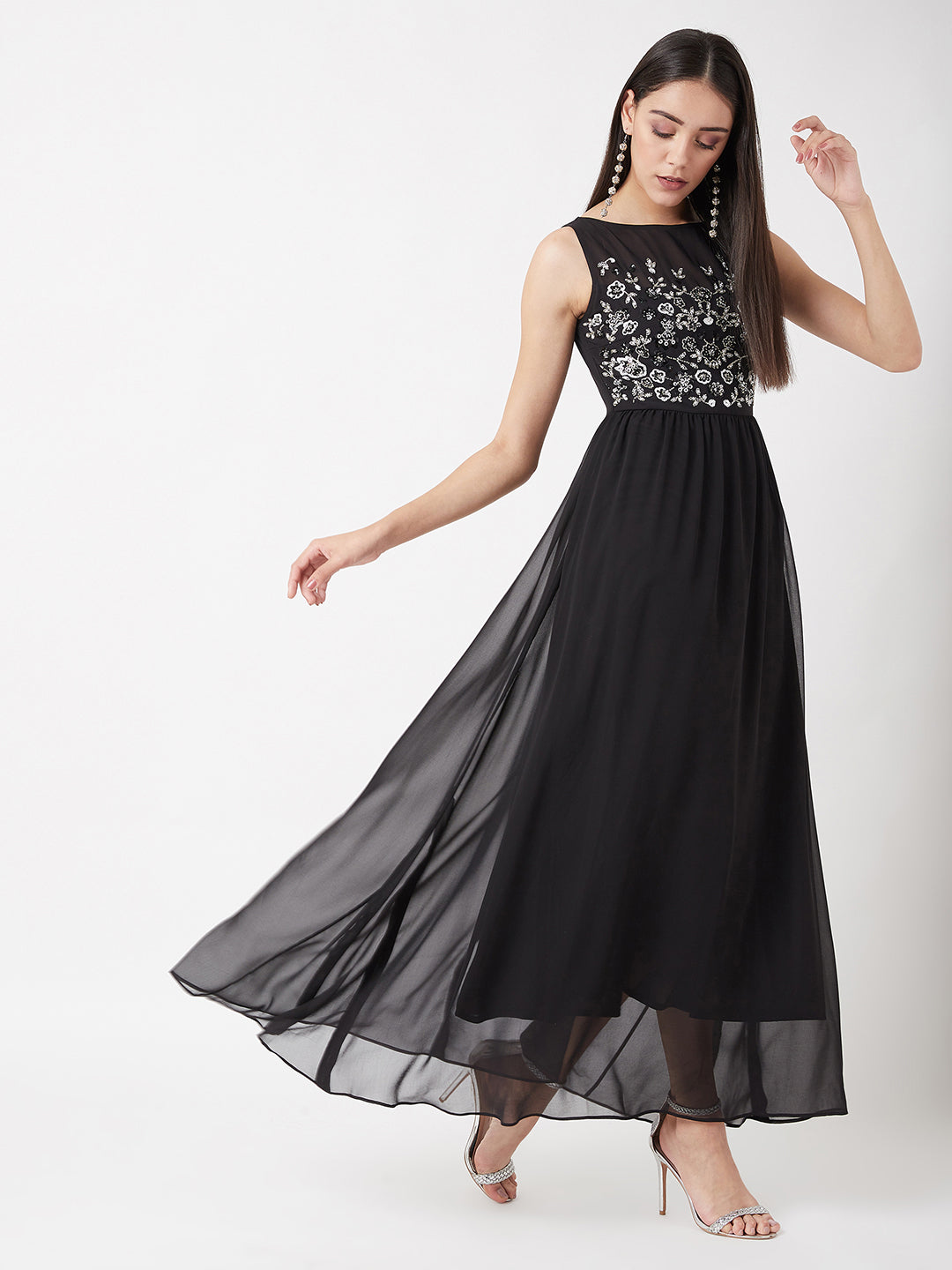 Black Sleeveless Fit and Flare Sequinned Maxi Dress Long Dress Frock for Women