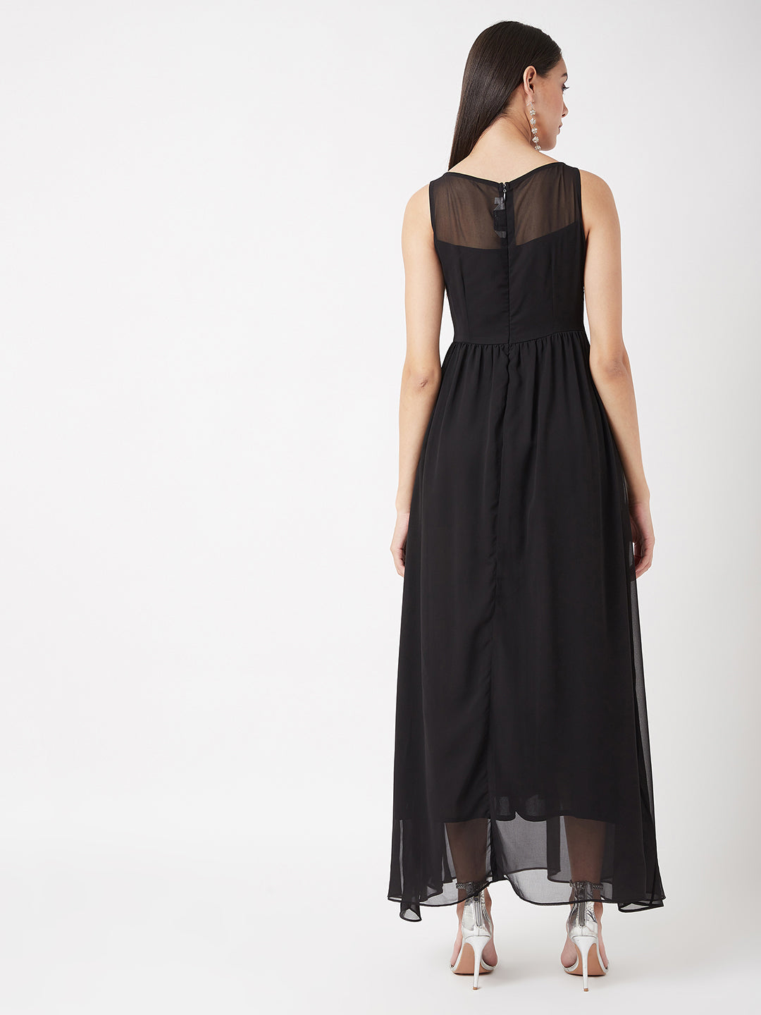 Black Sleeveless Fit and Flare Sequinned Maxi Dress Long Dress Frock for Women