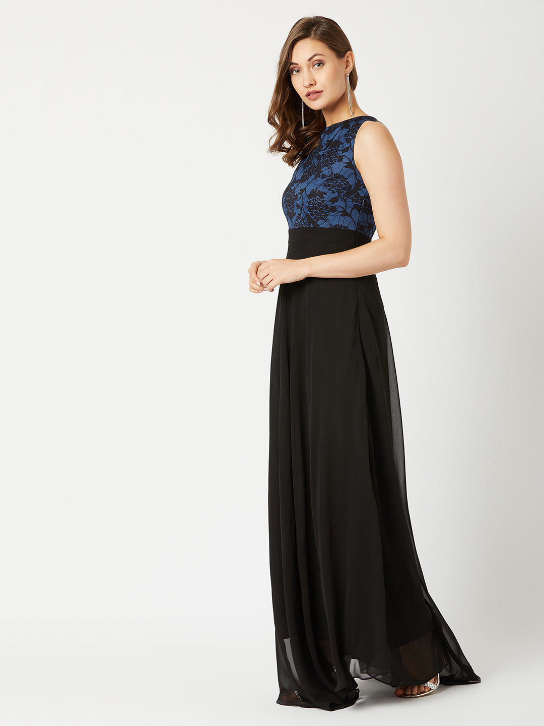 Black & Blue Sleeveless Fit and Flare Lace Dress for Women
