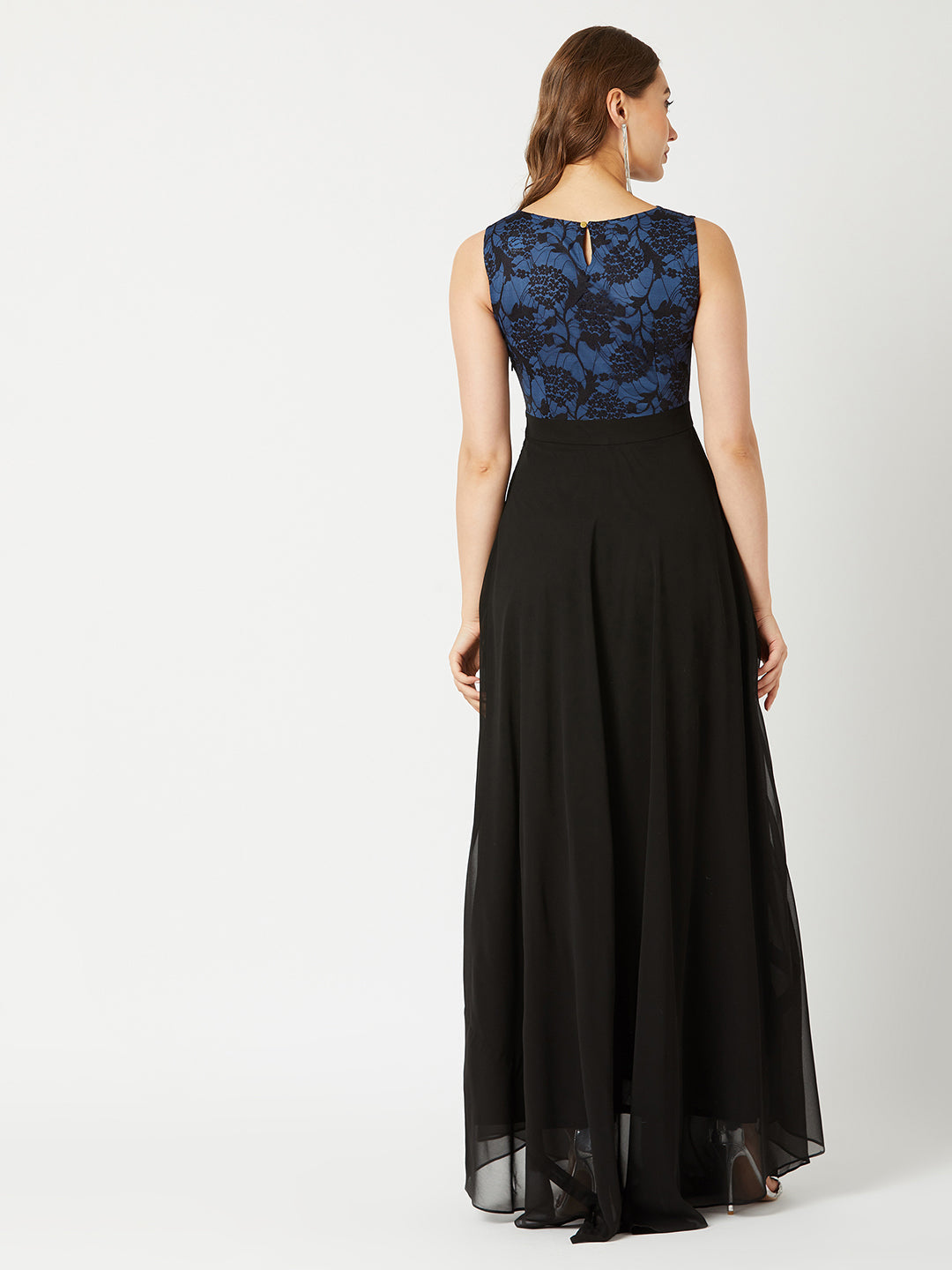 Black & Blue Sleeveless Fit and Flare Lace Dress for Women