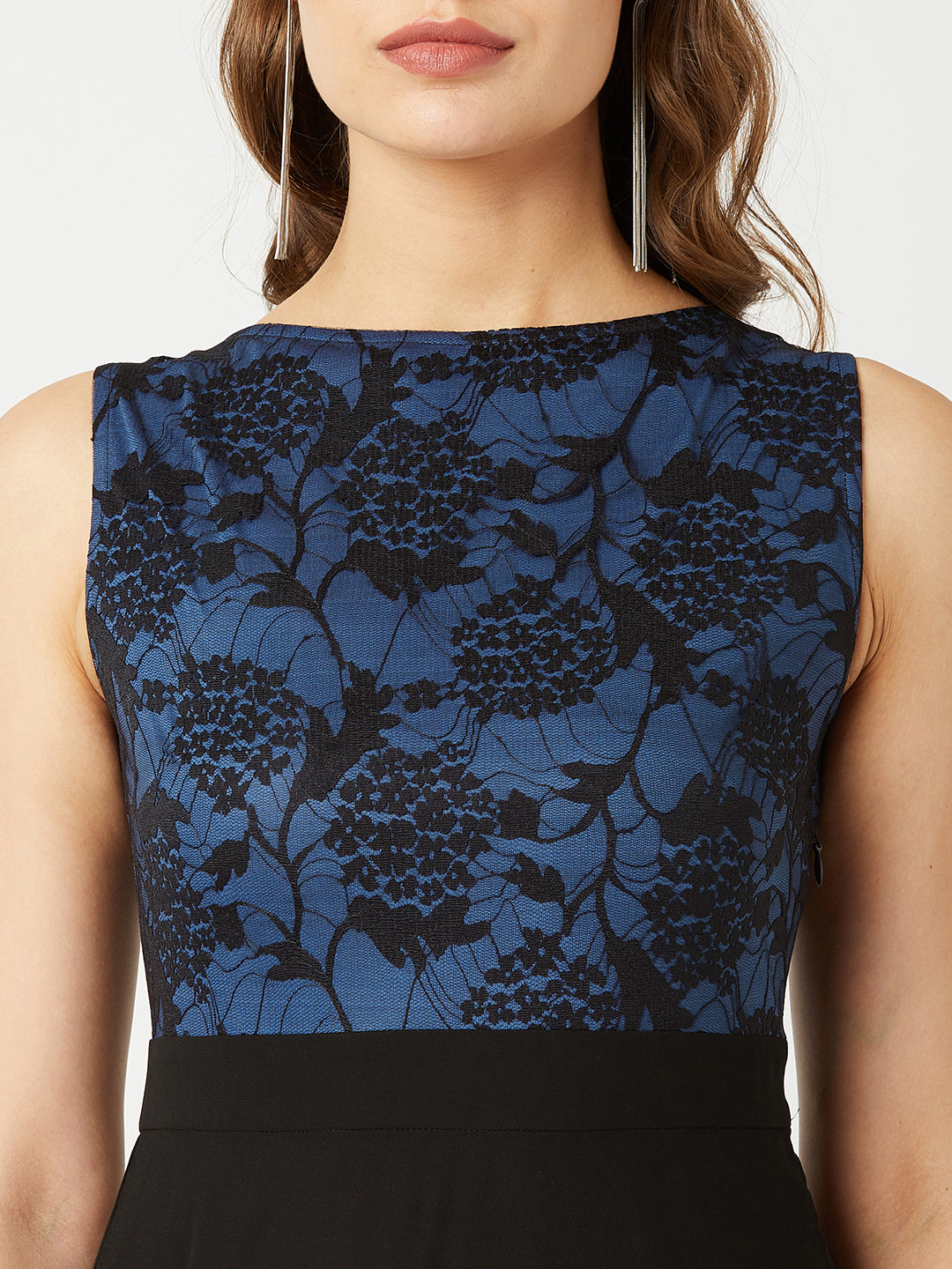 Black & Blue Sleeveless Fit and Flare Lace Dress for Women