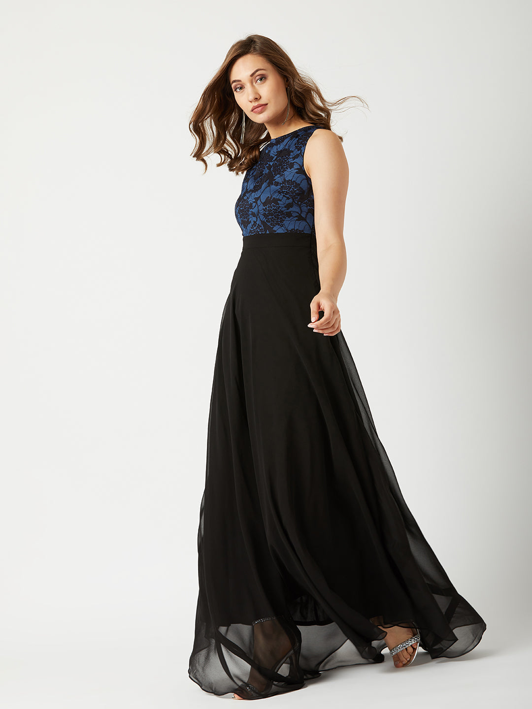 Black & Blue Sleeveless Fit and Flare Lace Dress for Women