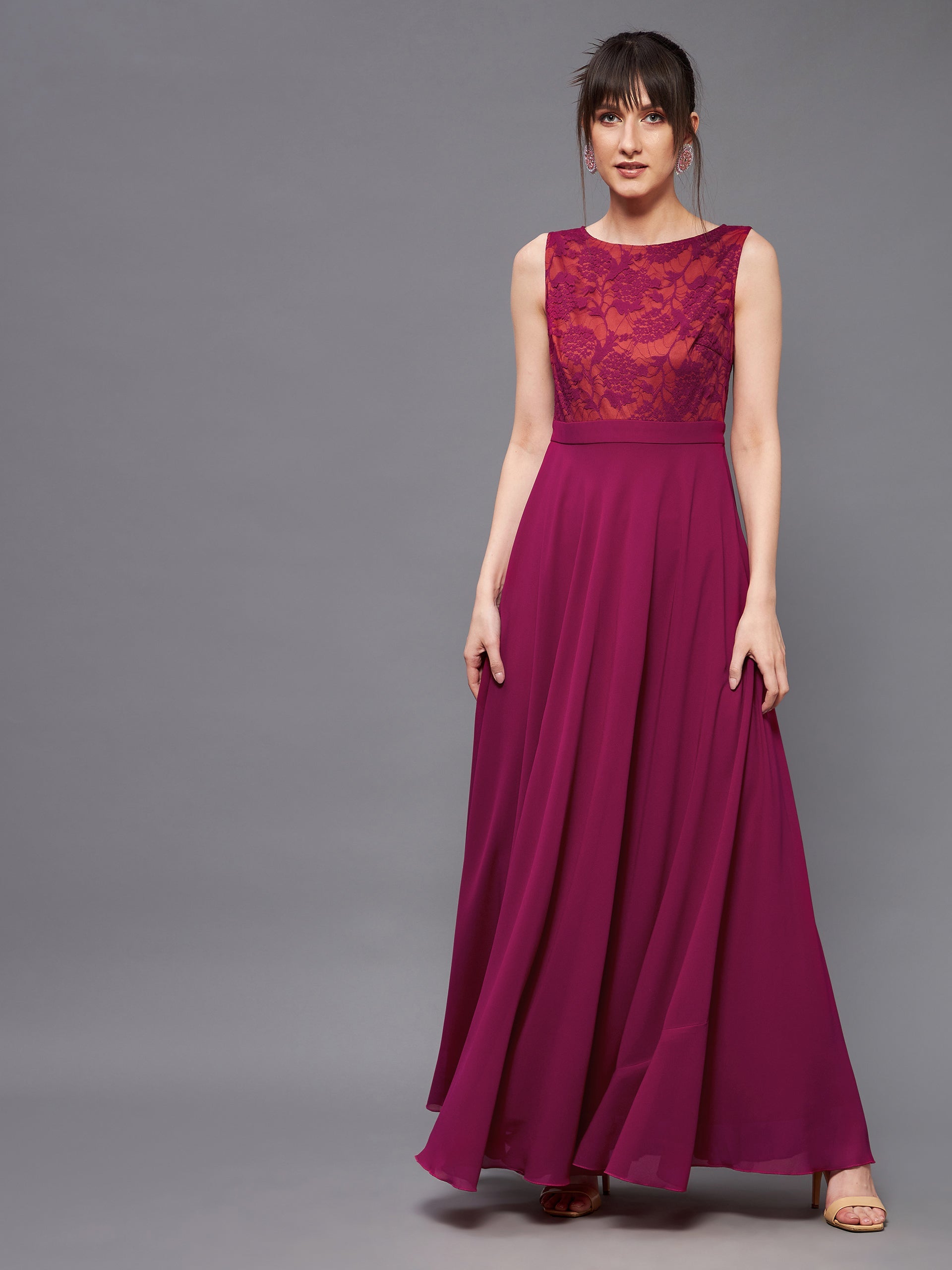 Dark Pink & Rust Sleeveless Fit and Flare Lace Dress for Women