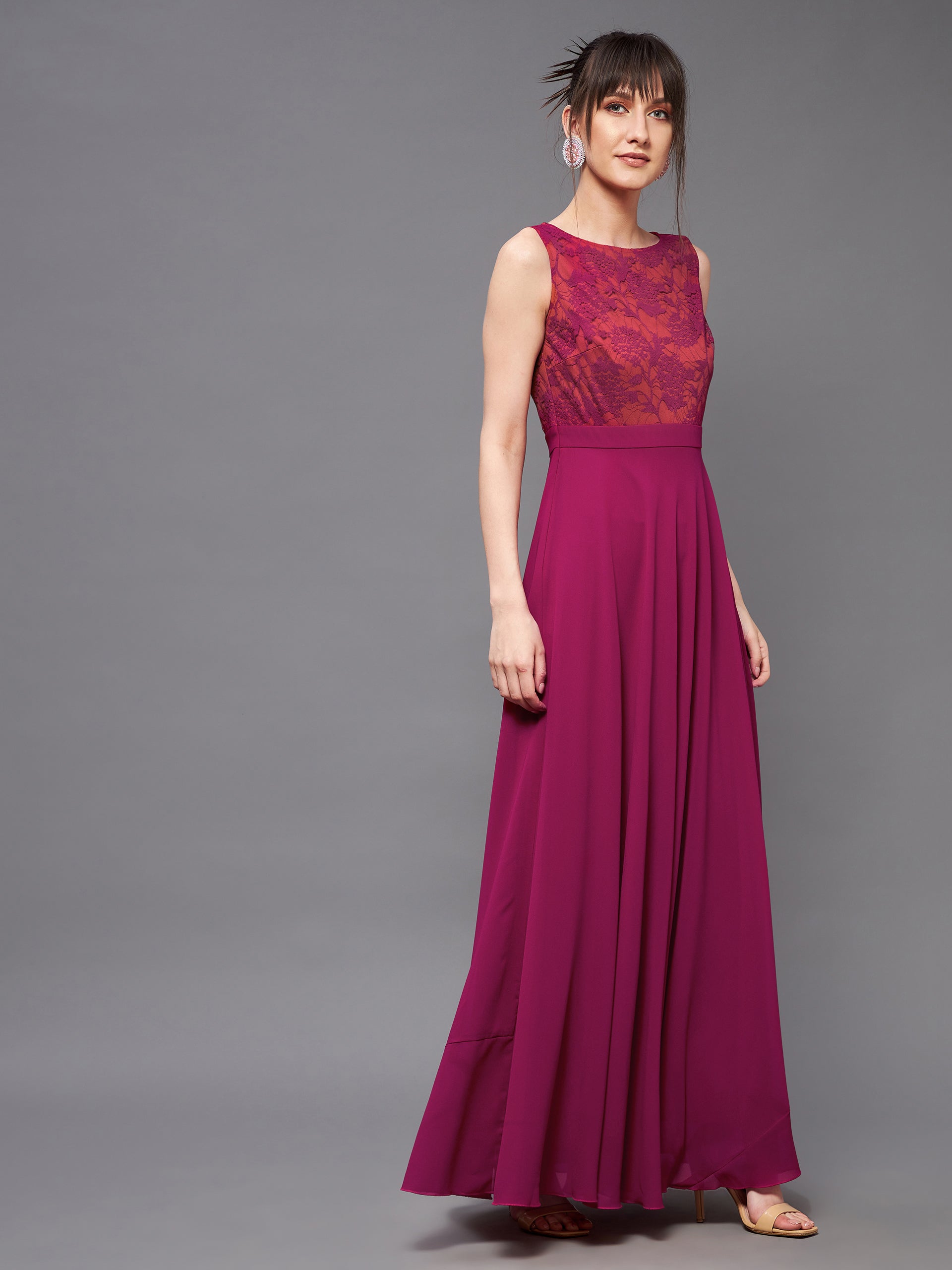 Dark Pink & Rust Sleeveless Fit and Flare Lace Dress for Women